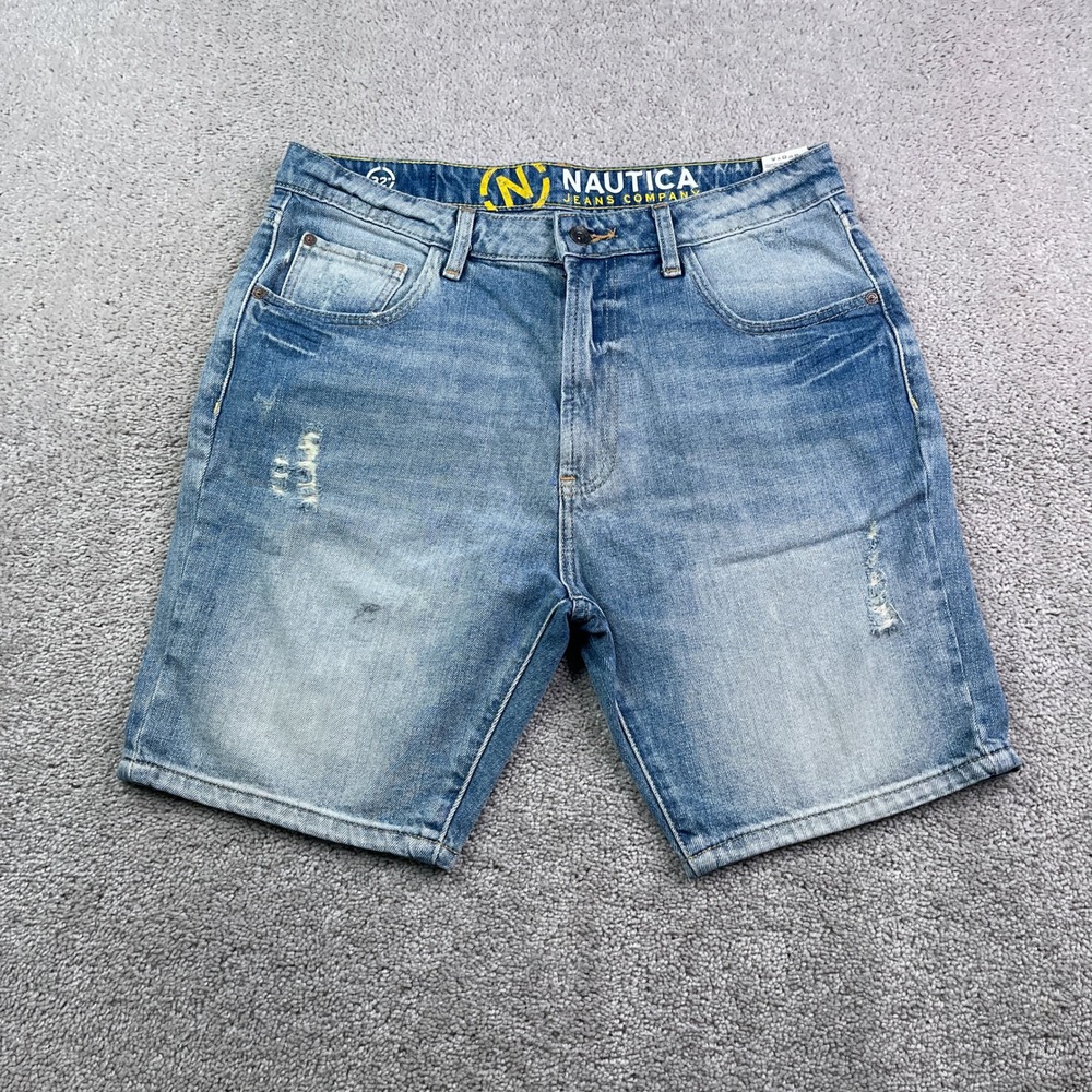 Nautica Jean Shorts Mens 32 Blue Original Relaxed Distressed Denim Jorts